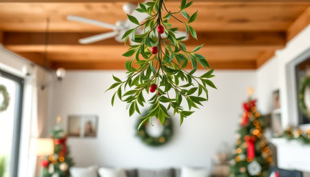 A Christmas tree is in the background of a living room. A wreath is on the wallの素材