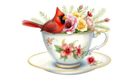 A white cup with a red bird on it. The bird is sitting on top of a flower arrangementの素材