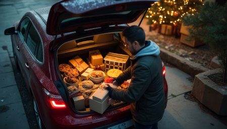 A man is loading a red car with Christmas presents. He is wearing a black jacket. The car is parked on a streetの素材