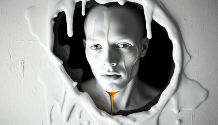 A man with a face painted in yellow paint. The face is in a hole in a wallの素材