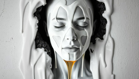 A woman with a face painted white and gold. The face is dripping with paint. The woman is wearing a white dressの素材