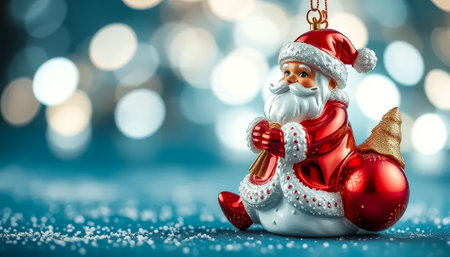 A red christmas ornament with a white face and a red hat. It is sitting on a blue surfaceの素材