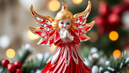 A red angel with gold wings is sitting on a table. The angel is wearing a red dress and has a gold necklaceの素材