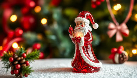 A red santa statue holding a lighted stick. The statue is on a table with pine needles and a bowの素材