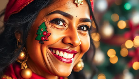 A woman with a green tree painted on her face. She is smilingの素材