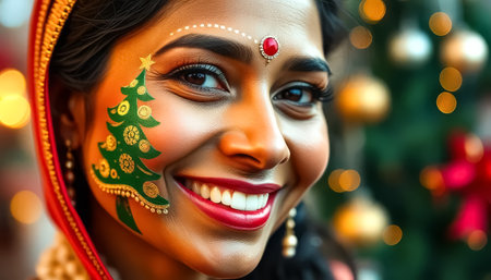 A woman with a green tree painted on her face. She is smilingの素材