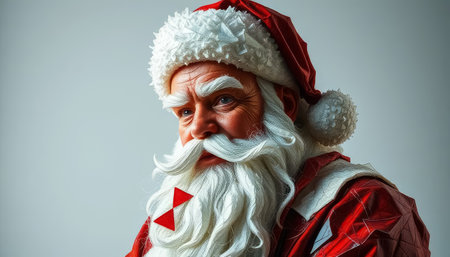 A man dressed as Santa Claus with a beard and mustache. He is wearing a red hat and a red coatの素材