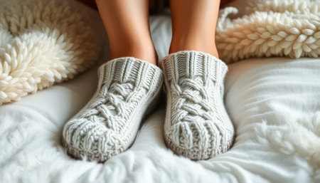 A pair of knitted socks with white stripes. The socks are on a bed. The bed is covered with a white blanketの素材