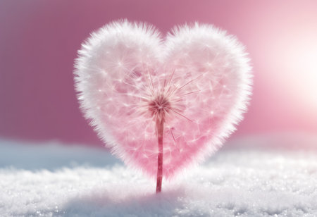A dandelion with a pink heart shape. The heart is made of the dandelion's seedsの素材