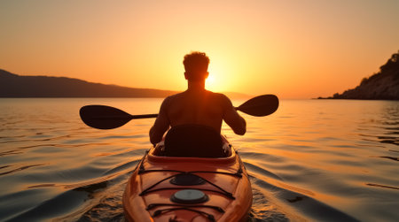A man in a red kayak paddles on a lake. The sun is setting in the backgroundの素材