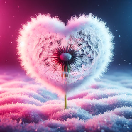 A dandelion with a heart shape on it. The heart is made of snow. The dandelion is on top of a snowy hillの素材