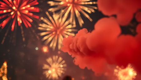 A red and orange firework is in the air. There are many other fireworks in the skyの素材