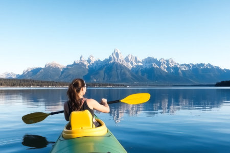 A woman in a yellow kayak paddles on a lake. The water is calm and the sky is clearの素材