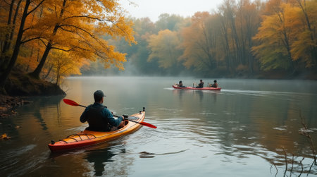 A man in a yellow kayak is paddling down a river. There are two other people in kayaks behind himの素材