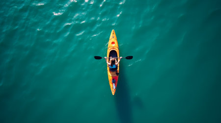 A person is paddling a kayak in the water. The kayak is orange and the water is blueの素材