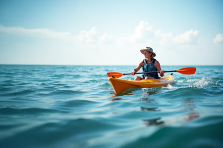 A woman in a yellow kayak paddles in the ocean. She is wearing a blue shirt and a hatの素材