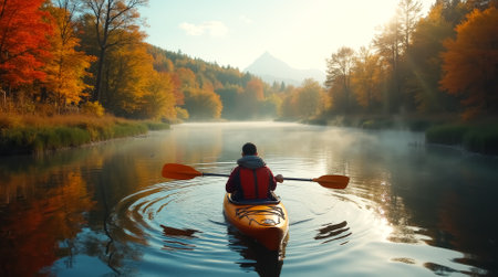 A man in a red jacket paddles a yellow kayak on a river. The water is calm and the sun is shiningの素材