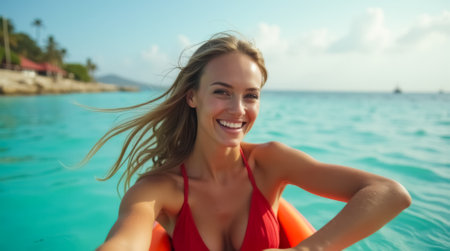 A woman in a red bikini is smiling and sitting in a red inflatable raft in the oceanの素材