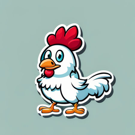 A cartoon chicken with a red beak and a white body. The chicken is standing on its two legsの素材