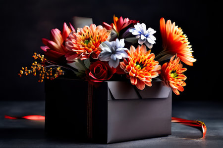 A black box with a bunch of flowers in it. The flowers are orange and blue. The box is on a dark surfaceの素材
