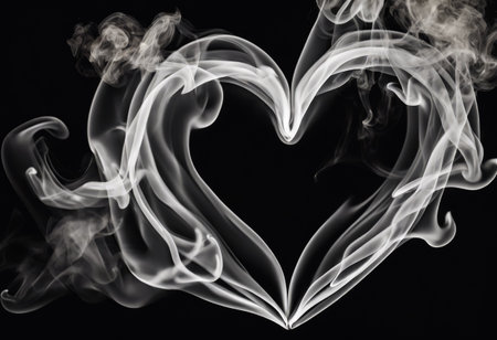 A heart made of smoke is shown in the image. The smoke is thick and dark, giving the heart a mysterious and almost ethereal appearance. The heart is surrounded by the smokeの素材