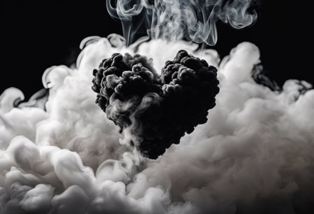 A heart is floating in a cloud of smoke. The smoke is thick and dark, giving the image a moody and mysterious feelの素材