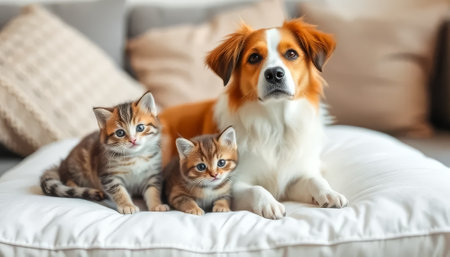 A brown and white dog and two black and white cats are laying on a white pillow. The dog is positioned in the middle of the two cats, with one cat on each side of it. The cats are curled upの素材