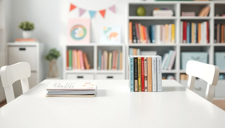 A white table with a stack of books on it and two chairs. The books are arranged in a row and are of different sizes. The room is well-lit and has a cozy atmosphereの素材