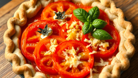 Pie with tomatoes and basil on top. The pie is on a wooden table. The pie is a delicious looking dishの素材