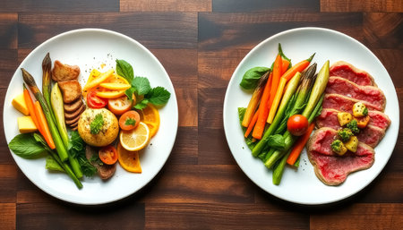 Two plates of food, one with a steak and the other with vegetables. The steak is on the right plate and the vegetables are on the left plateの素材
