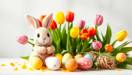 Rabbit is sitting in front of a bunch of Easter eggs and flowers. The scene is colorful and cheerful, with the rabbit and the eggs adding a sense of funfulness and joy to the imageの素材