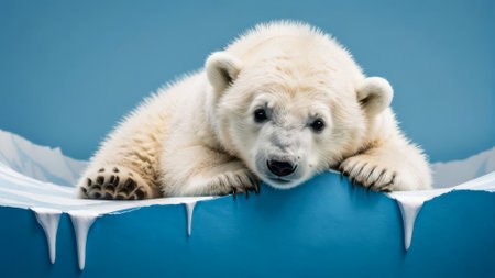 Polar bear is laying on a blue surface with snow on it. The bear appears to be relaxed and comfortableの素材