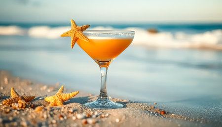 Glass of orange liquid with a star on top is sitting on a beach. The beach is calm and peaceful, with the ocean in the background. The glass of liquid is the focal point of the imageの素材