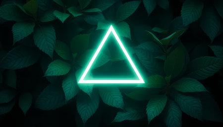 Green leafy background with a neon green triangle in the middle. The triangle is lit up and stands out against the green foliageの素材
