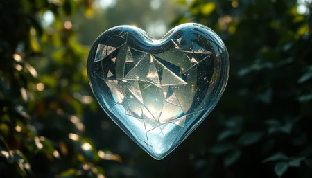 Heart made of ice is floating in the air. The heart is broken and has a jagged edge. Concept of sadness and lossの素材