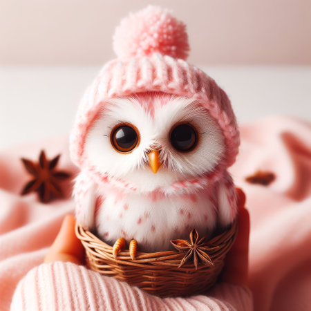 Small white owl wearing a pink hat is sitting in a basket. The owl is holding a basket of spices in its beakの素材