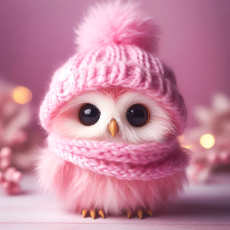 Cute little owl wearing a pink hat and a pink scarf. The hat is covering the owl's face, making it look like it's trying to hide. The image has a playful and whimsical mood, as it's a cuteの素材