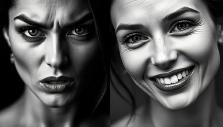 Two women's faces, one with a frown and the other with a smile. The frowning face has a dark, angry expression, while the smiling face has a happy, joyful expressionの素材
