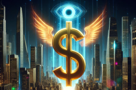 Dollar sign with wings is flying over a city. Concept of wealth and prosperity, as the dollar sign is a symbol of money and the wings represent freedom and flightの素材