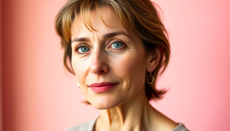 Woman with a blue eye and red lips. She is wearing earrings and a white shirtの素材