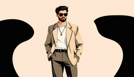 Man in a suit and sunglasses stands in front of a black background. The man is wearing a gold necklace and a watchの素材