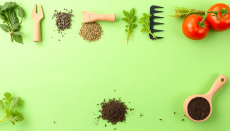 Green background with a variety of herbs and spices, including basil, parsley, and oreganoの素材