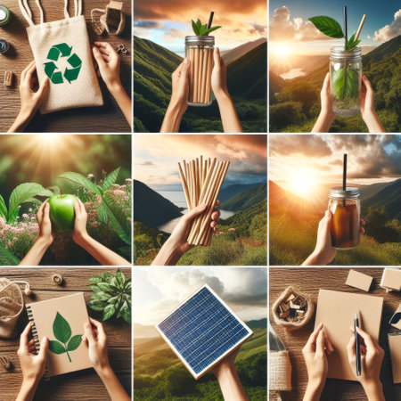 Collection of images of people holding items such as a green apple, a reusable straw, and a reusable cup. The images are arranged in a grid, with each person holding a different itemの素材