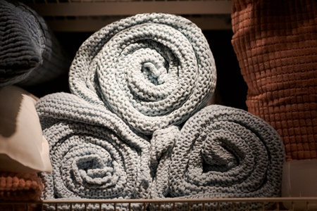 Three blue blankets stacked on top of each other. The blankets are on a shelfの写真素材