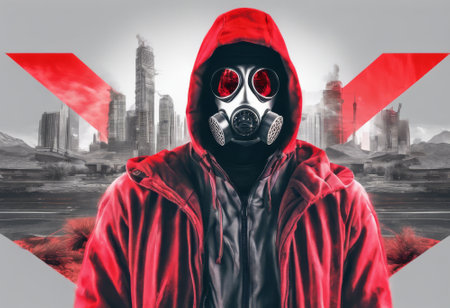 Man in a red hoodie is wearing a gas mask and standing in front of a city. The image has a dystopian feel to it, with the man's gas mask and the city's polluted atmosphereの素材
