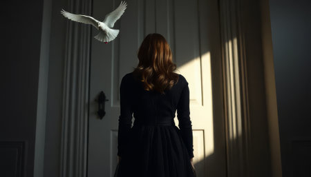 Woman stands in front of a door with a white bird flying in the background. The woman is wearing a black dress and she is looking out the door. The image has a mysterious and somewhat eerie moodの素材