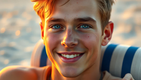 Young man with blue eyes and a smile. He is wearing a blue shirt. He is sitting on a blue blanketの素材