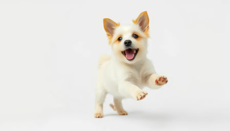 White dog is running and jumping in the air. It has a brown spot on its headの素材