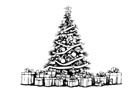 Large black and white Christmas tree with many gifts underneath it. The gifts are wrapped in paper and are scattered around the treeのイラスト素材