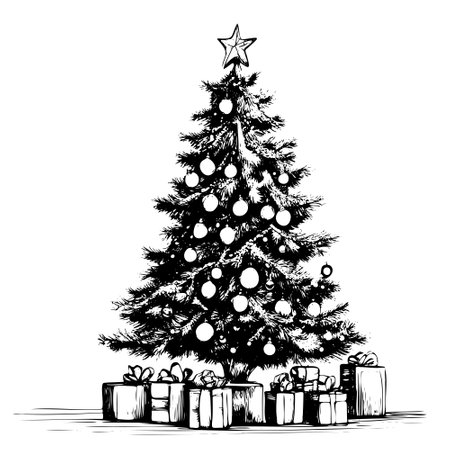 Large black and white Christmas tree with a star on top. There are many gifts under the treeのイラスト素材